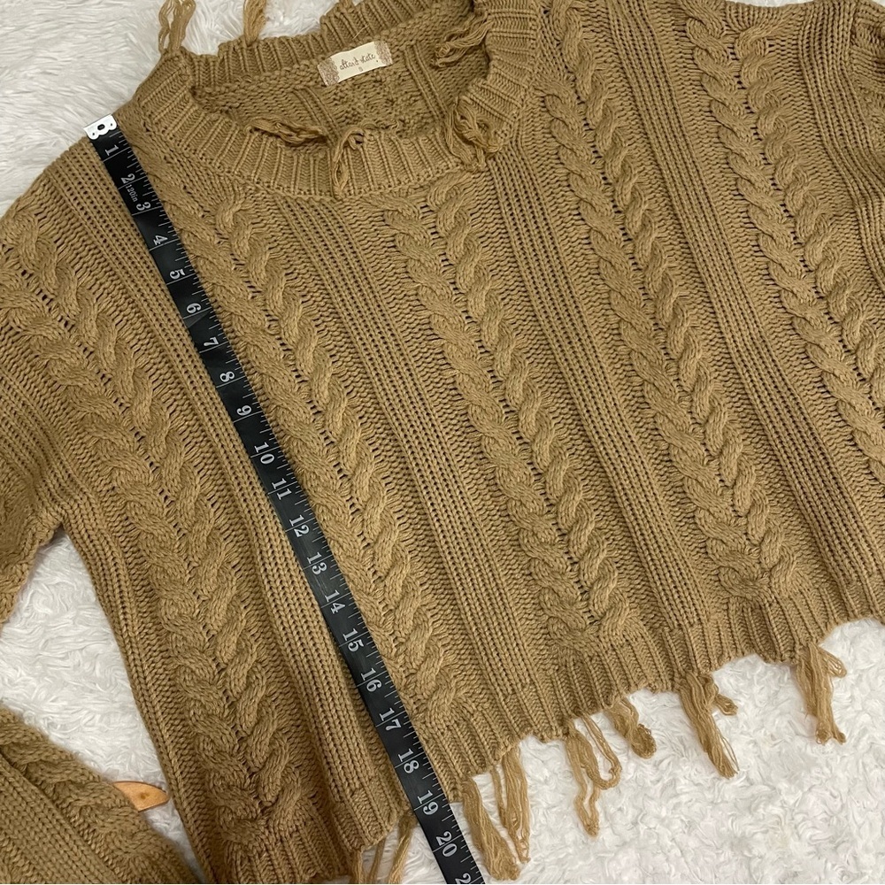 Altar’d State | Distressed Cable Knit Tan Cropped Sweater - Picture 5 of 7